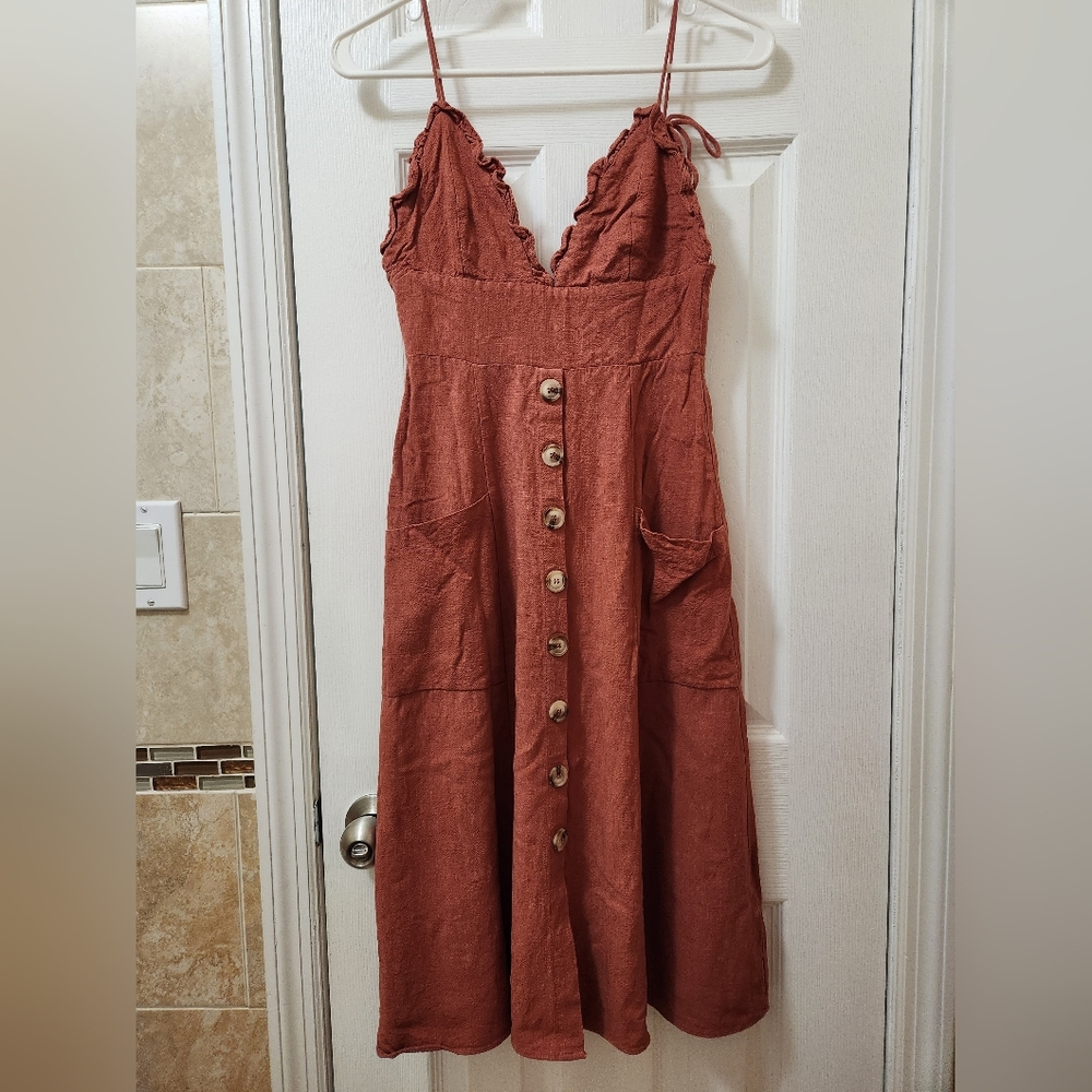 Lulus Lisbeth Rust Orange Button Front Linen Midi… - image 4